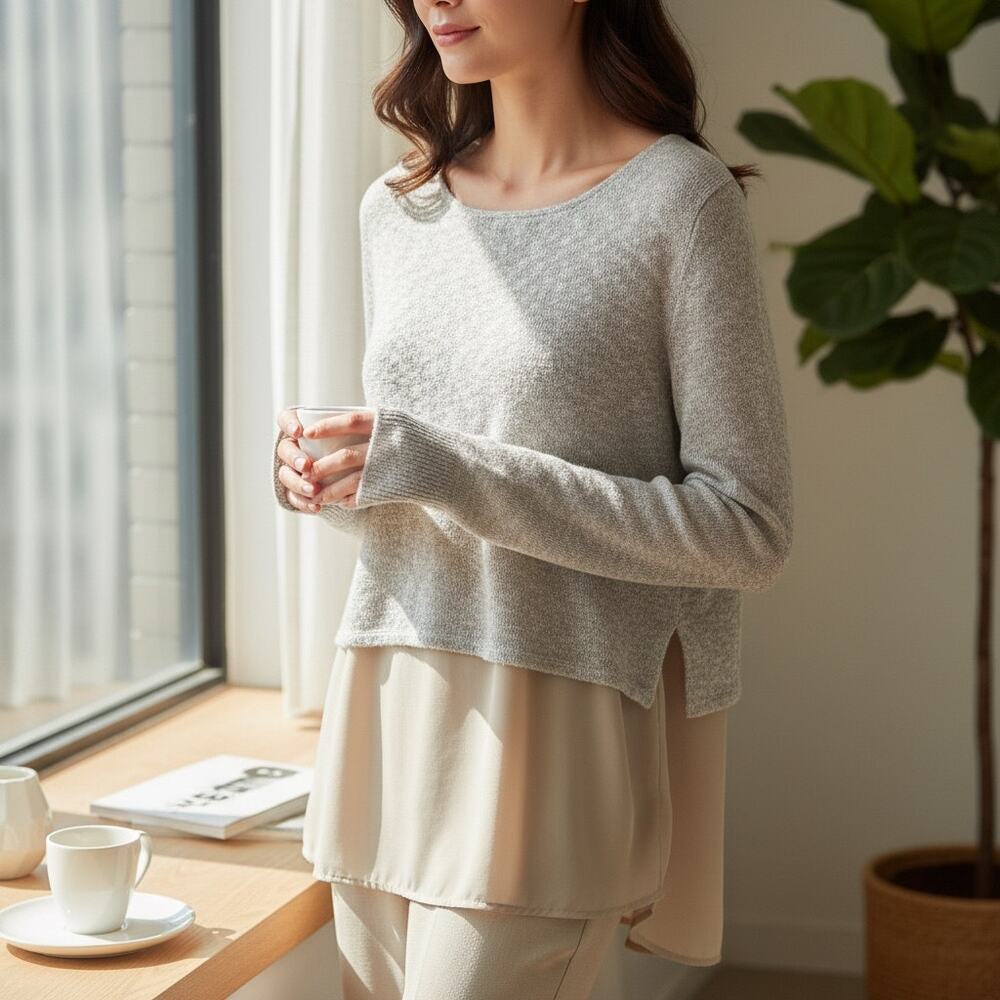Gianni Bini Layered Mixed Media Crop Sweater Top Beige Cream Small Coquette EUC